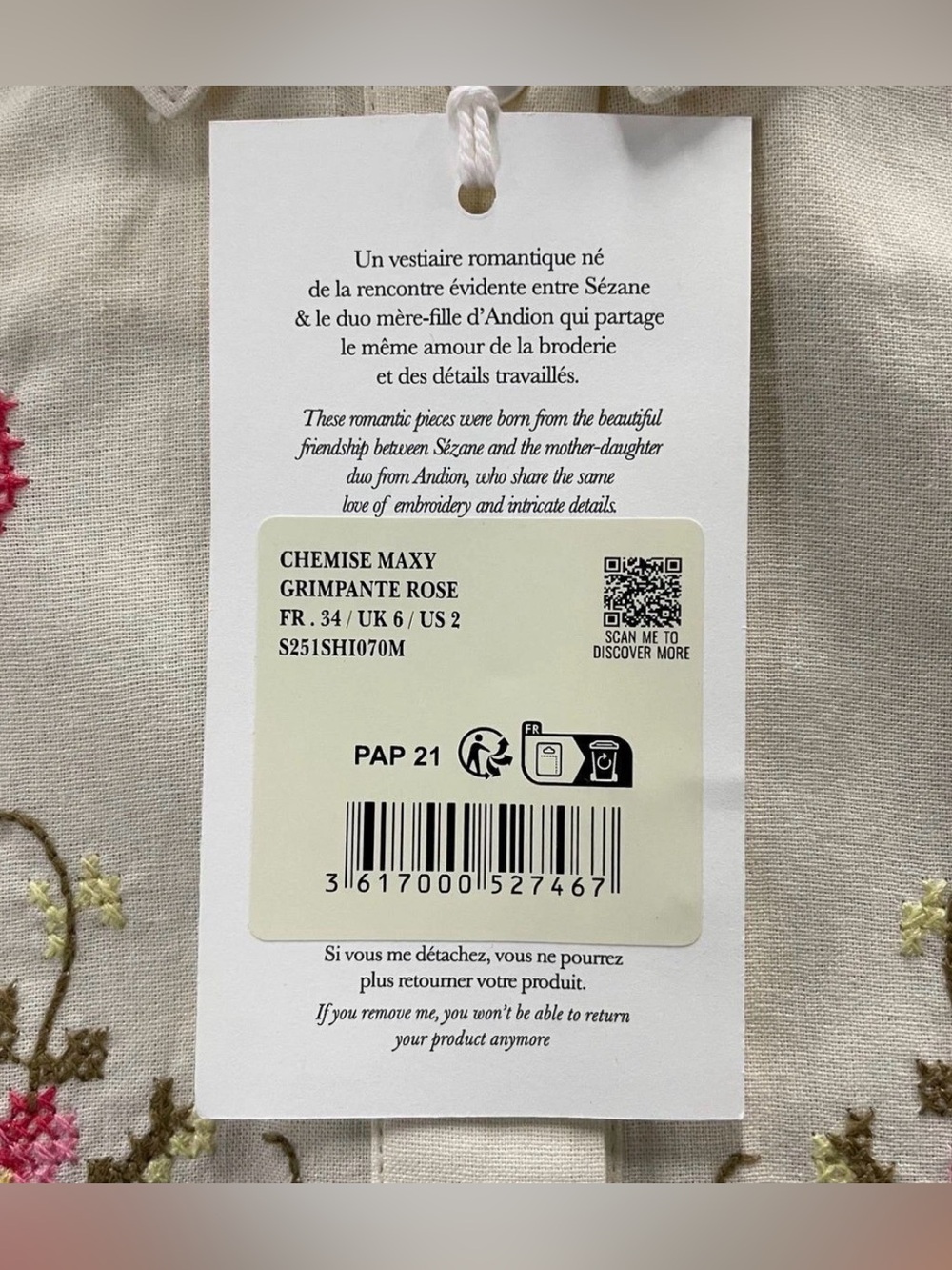 Sezane x Andion Maxy Embroidered Shirt – Cream with Pink Floral NWT - Picture 5 of 8